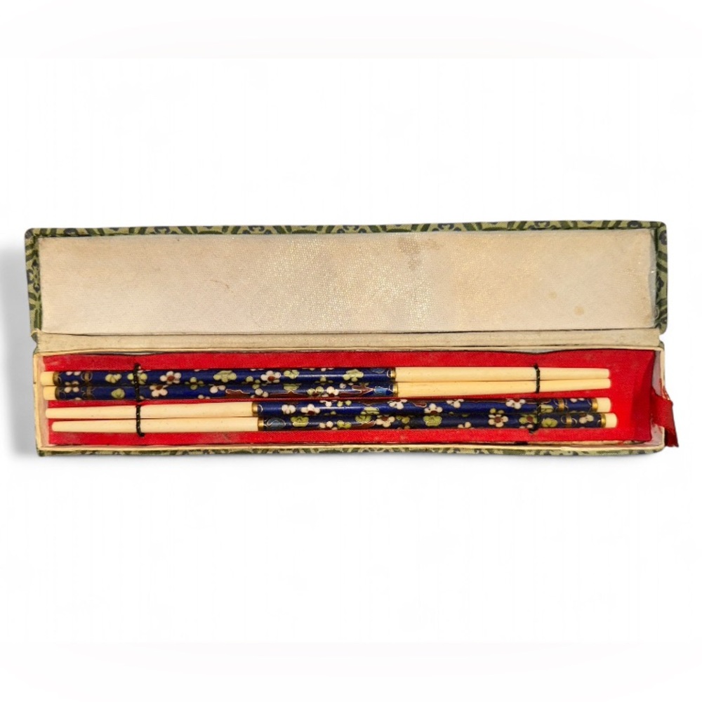 Vintage Set of ornate cloisonne 8” inch chopsticks in decorative box #chopsticks